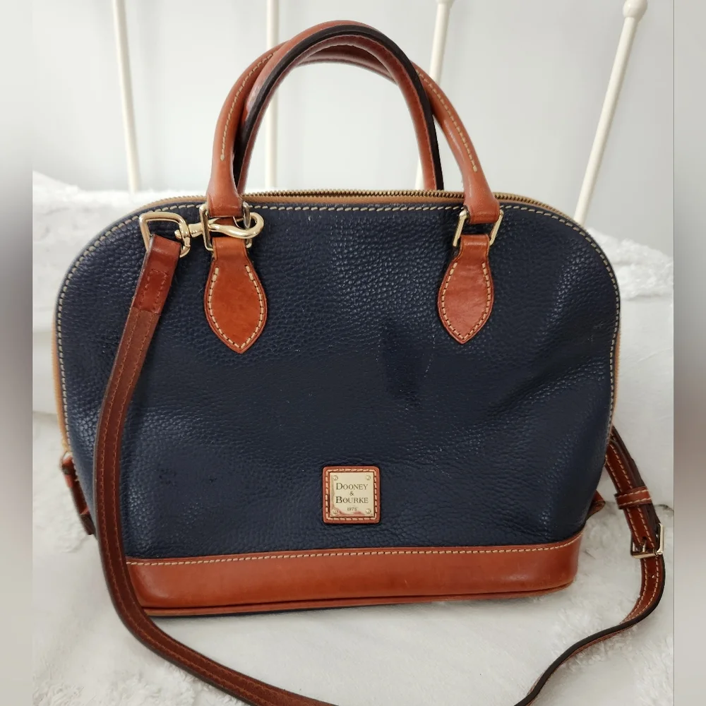 Dooney & Bourke 1975 Navy and Brown Pebble Leather Zip Zip Satchel J11228477